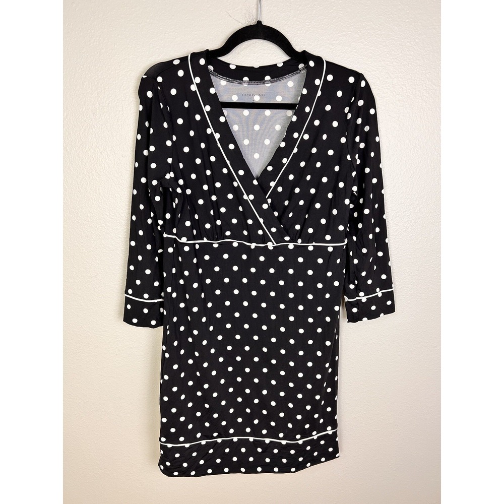 Lands' End Black Polka Dot Stretch‎ Jersey Knit Dress Size S 6-8 3/4 Sleeve